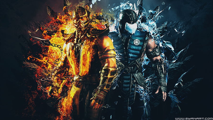 Mortal Kombat Scorpion and Sub Zero Fire and Ice Character Artwork HD wallpaper