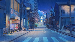 Anime Japanese City Street at Night with Neon Signs and Starry Sky HD wallpaper