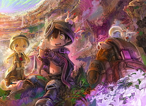 Made in Abyss Anime Illustration Featuring Riko and Reg in a Vibrant Fantasy Landscape HD wallpaper