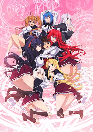 Highschool DxD Hero Ensemble of Seven Girls in School Uniforms on Pink Background HD phone wallpaper