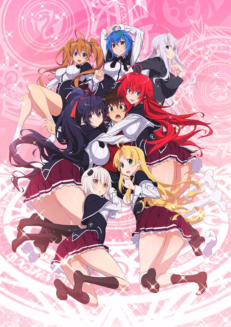 Highschool DxD Hero Ensemble of Seven Girls in School Uniforms on Pink Background HD phone wallpaper