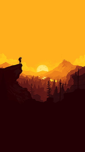 Minimalist Hiker Silhouette on Cliff Edge at Golden Sunset Over Pine Forest HD phone wallpaper