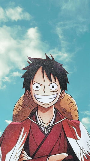 Monkey D. Luffy in Traditional Japanese Attire Against a Blue Sky HD phone wallpaper