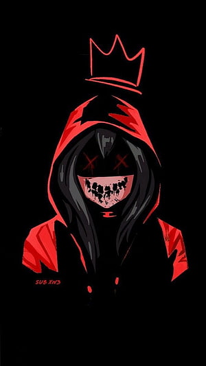 Creepy Hooded Figure with Crown and X Eyes in Red and Black Horror Illustration HD phone wallpaper