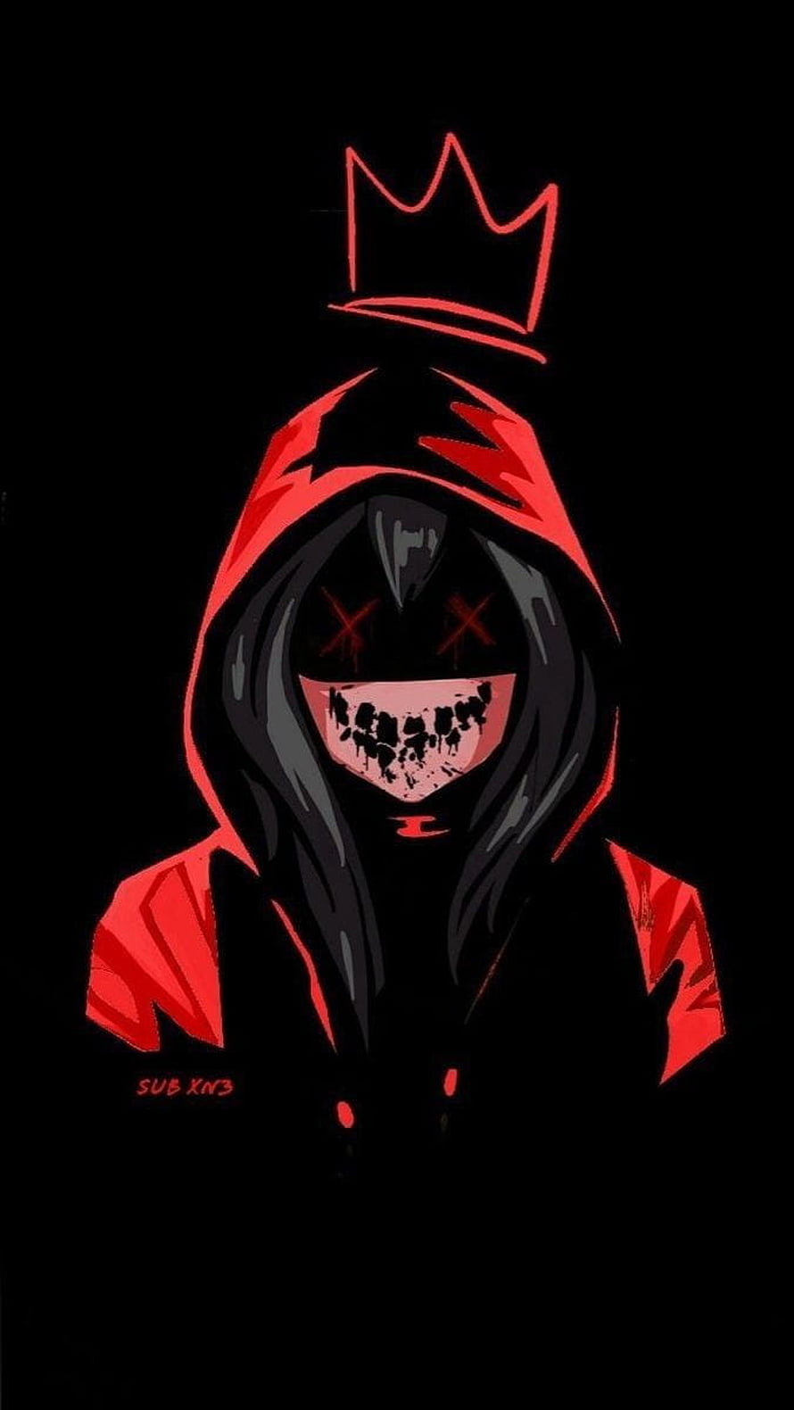 Creepy Hooded Figure with Crown and X Eyes in Red and Black Horror Illustration HD phone wallpaper