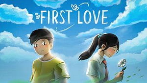 First Love Anime Illustration of Two Children Under a Bright Blue Sky HD wallpaper