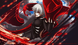 Kaneki Ken in Black Suit with Red Energy Aura and Flowing Cape HD wallpaper