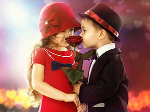 Cute Valentine's Day children sharing a red rose in formal attire HD wallpaper