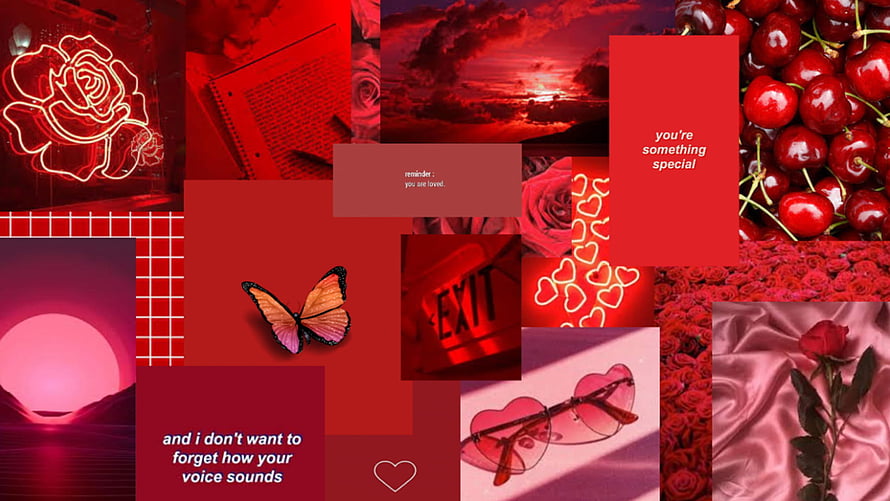 Red and Black Valentine's Day Aesthetic Collage with Neon Roses and Cherries HD wallpaper