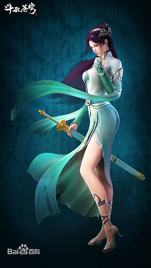 Yun Yun from Douluo Dalu in flowing green and white dress holding a sword HD phone wallpaper
