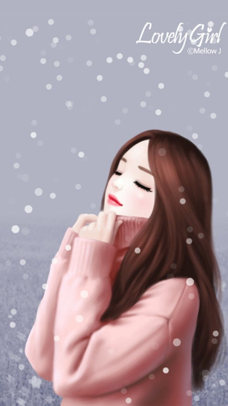 Cute Winter Girl in Pink Sweater with Snowfall Digital Illustration HD phone wallpaper