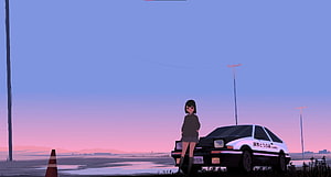 Anime Girl Leaning on Toyota AE86 Trueno at Twilight in Initial D Style HD wallpaper