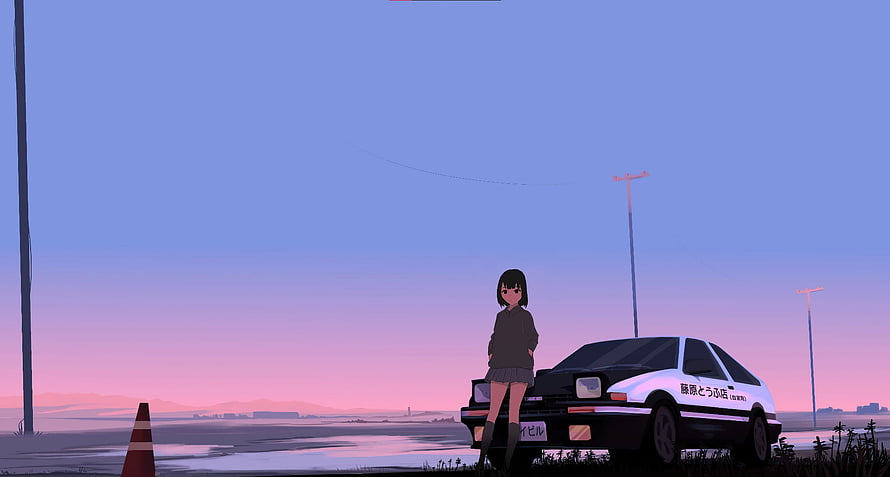 Anime Girl Leaning on Toyota AE86 Trueno at Twilight in Initial D Style HD wallpaper