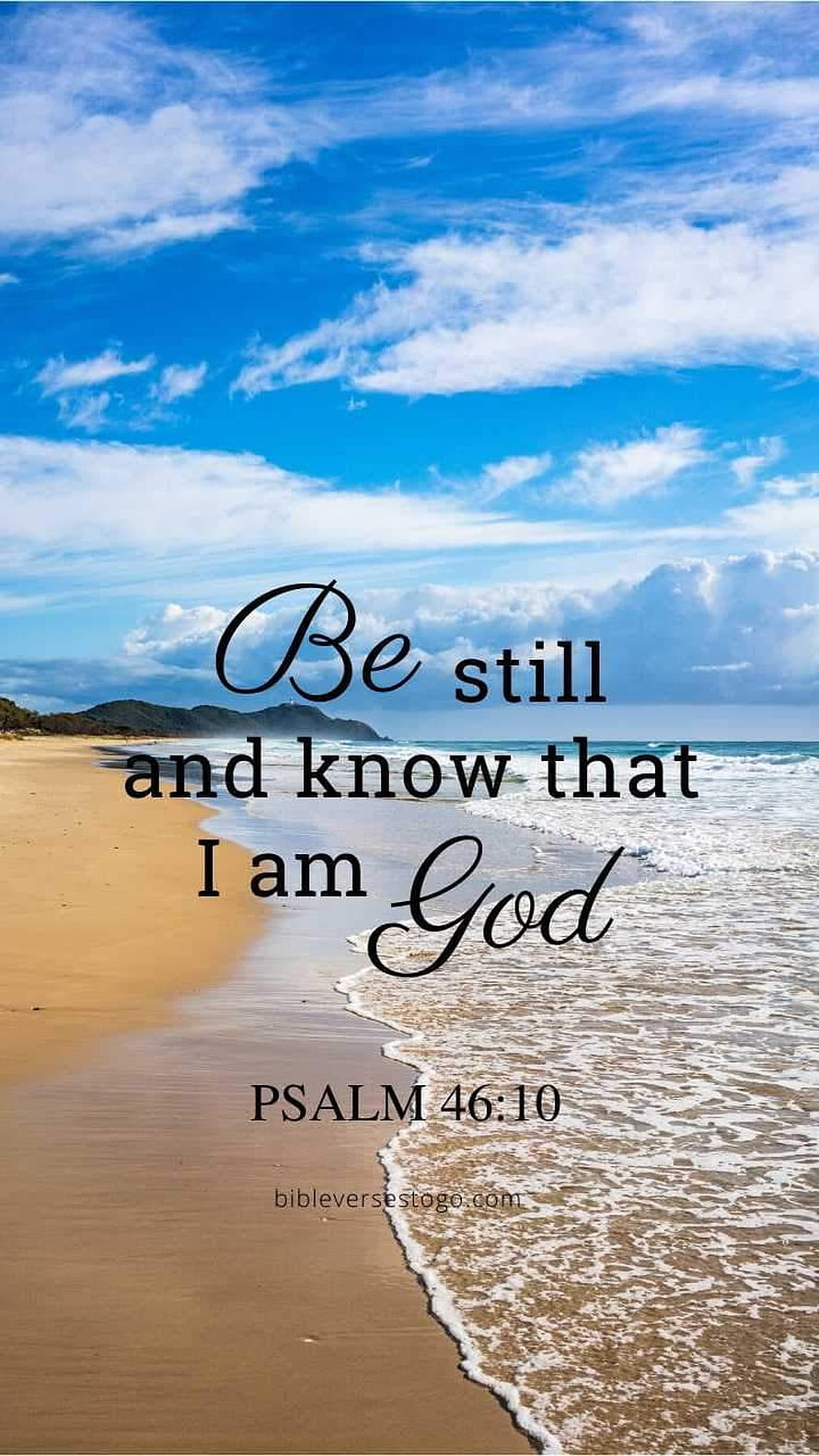 Psalm 46:10 Bible Verse on Serene Beach with Gentle Waves and Blue Sky HD phone wallpaper