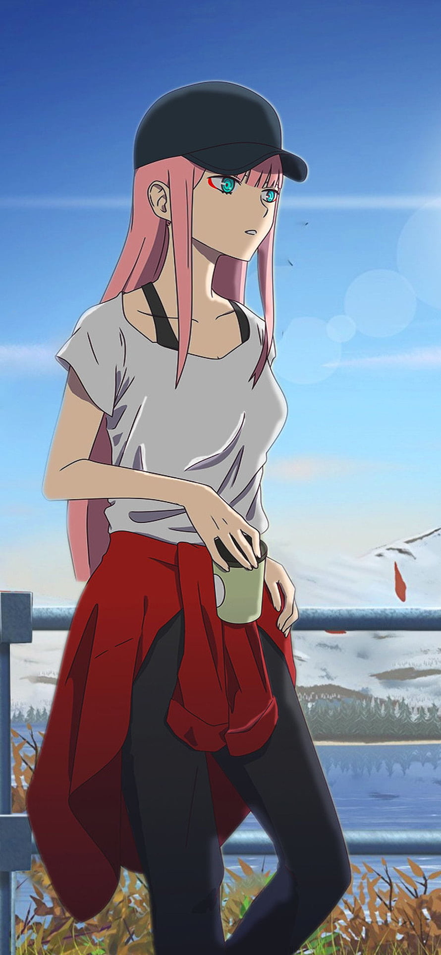 Zero Two from Darling in the Franxx in Casual Outfit by a Lake HD phone wallpaper