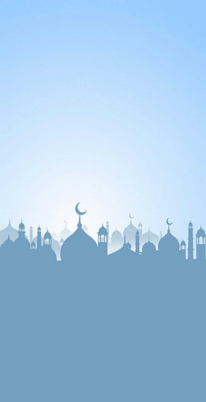 Minimalist Islamic Cityscape Silhouette with Crescent Moons and Domes in Soft Blue Tones HD phone wallpaper