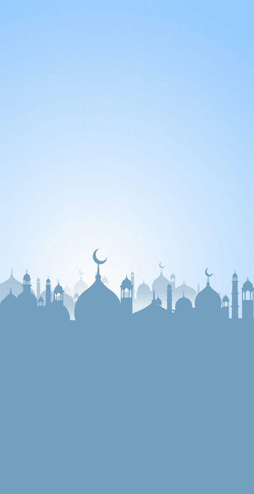 Minimalist Islamic Cityscape Silhouette with Crescent Moons and Domes in Soft Blue Tones HD phone wallpaper