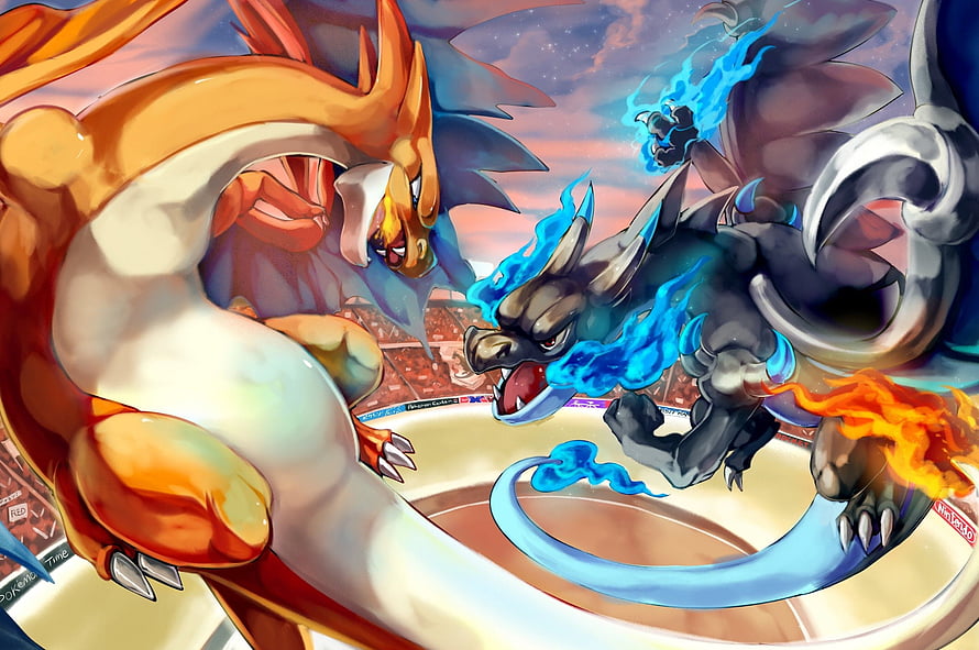 Mega Charizard X and Mega Charizard Y Battle in a Stadium Arena HD wallpaper