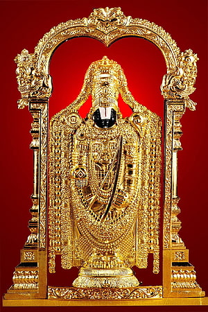 Ornate Gold Balaji Deity Statue with Intricate Arch Frame on Red Background HD phone wallpaper