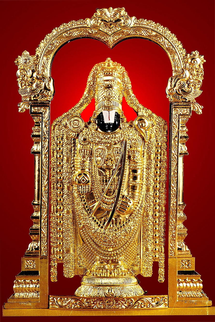 Ornate Gold Balaji Deity Statue with Intricate Arch Frame on Red Background HD phone wallpaper