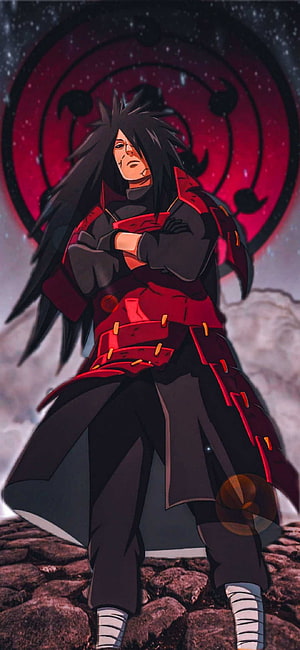 Madara Uchiha Anime Character Standing on Rocks with Red Moon Symbol Background HD phone wallpaper