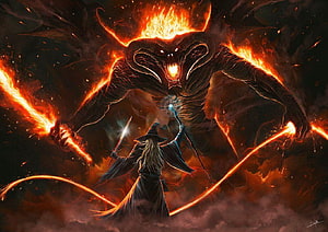Gandalf the White Confronts the Balrog in Epic Fantasy Battle Art HD wallpaper