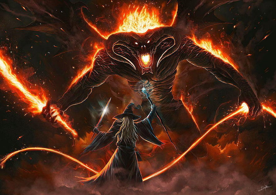Gandalf the White Confronts the Balrog in Epic Fantasy Battle Art HD wallpaper