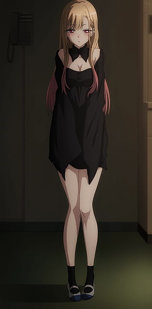 Kitagawa Marin in Black Dress and Socks Standing in Dimly Lit Room HD phone wallpaper
