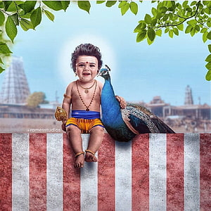 Baby Murugan with Peacock and Temple Gopuram in Festive Setting HD phone wallpaper