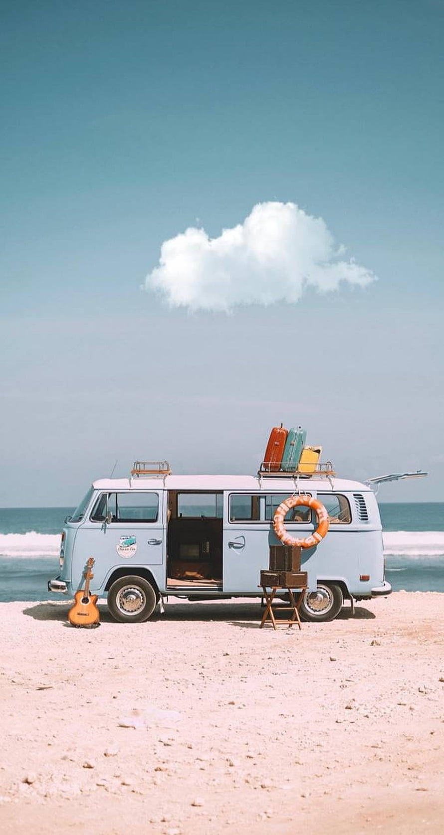 Vintage VW Van Parked on Sandy Beach with Retro Luggage and Guitar HD phone wallpaper