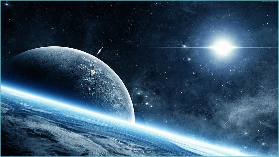 Distant Planet and Bright Star in Deep Space with Atmospheric Glow HD wallpaper