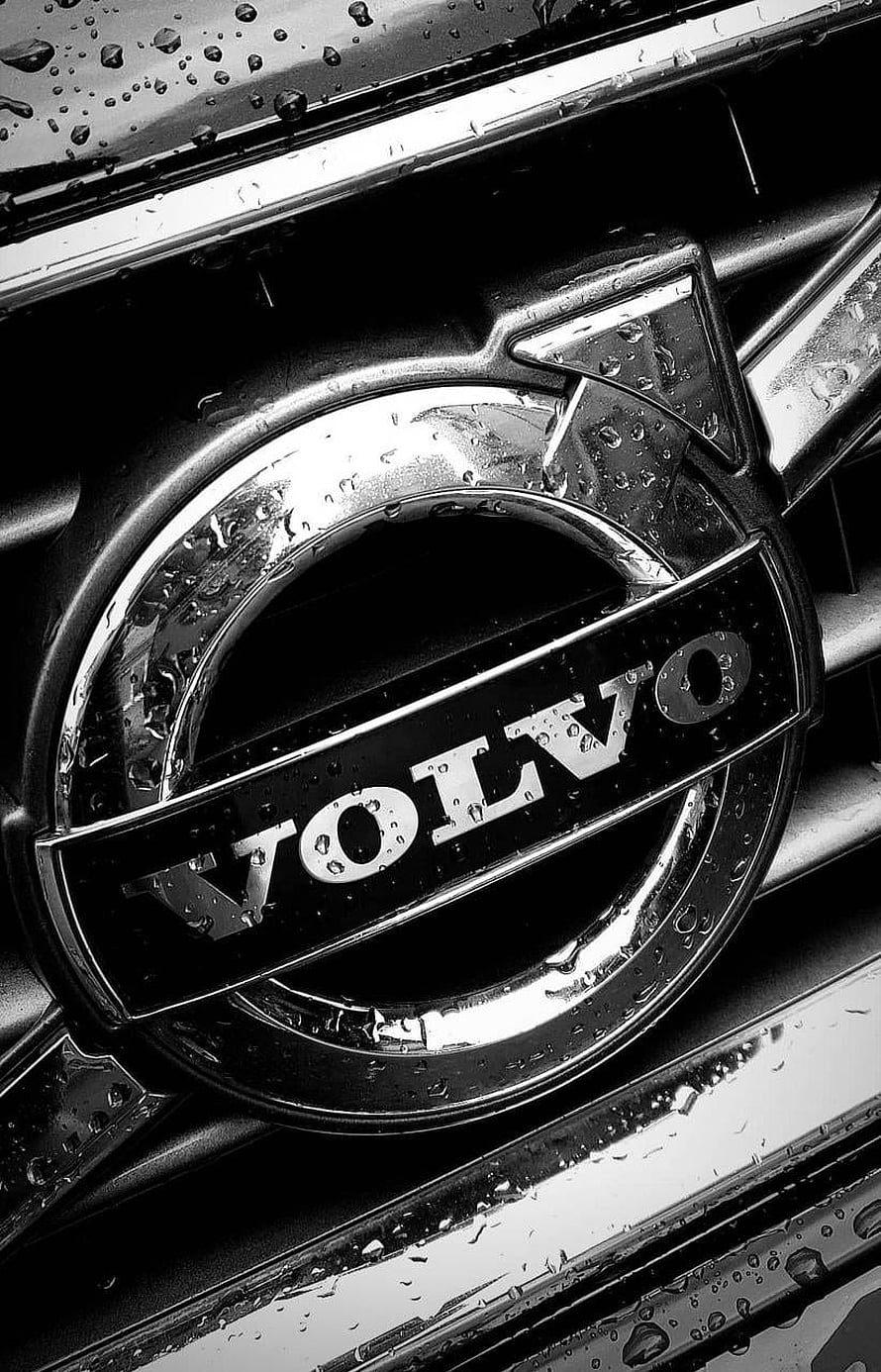 Close-up of a wet Volvo emblem on a car grille in black and white HD phone wallpaper