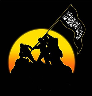 Silhouette of Soldiers Raising Black Flag with Arabic Calligraphy Against Golden Sun HD phone wallpaper