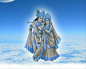 Lord Krishna and Radha Playing Flute Above Clouds in Blue Sky HD wallpaper