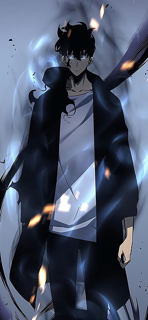 Sung Jin-Woo from Solo Leveling in a dark coat with glowing blue eyes and swirling energy HD phone wallpaper