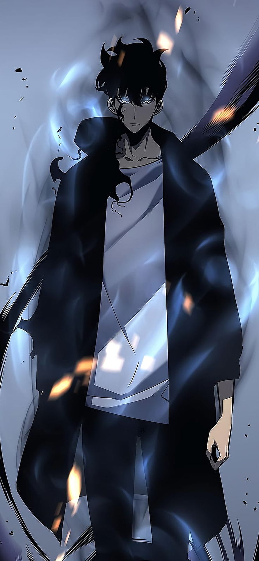 Sung Jin-Woo from Solo Leveling in a dark coat with glowing blue eyes and swirling energy HD phone wallpaper
