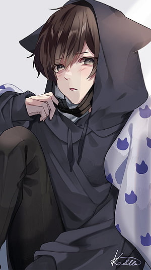 Anime Boy in Dark Hoodie with Cat Ears and Blush HD phone wallpaper