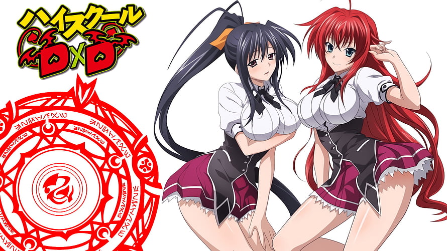 High School DxD anime illustration featuring Rias Gremory and a black-haired girl in school uniforms HD wallpaper