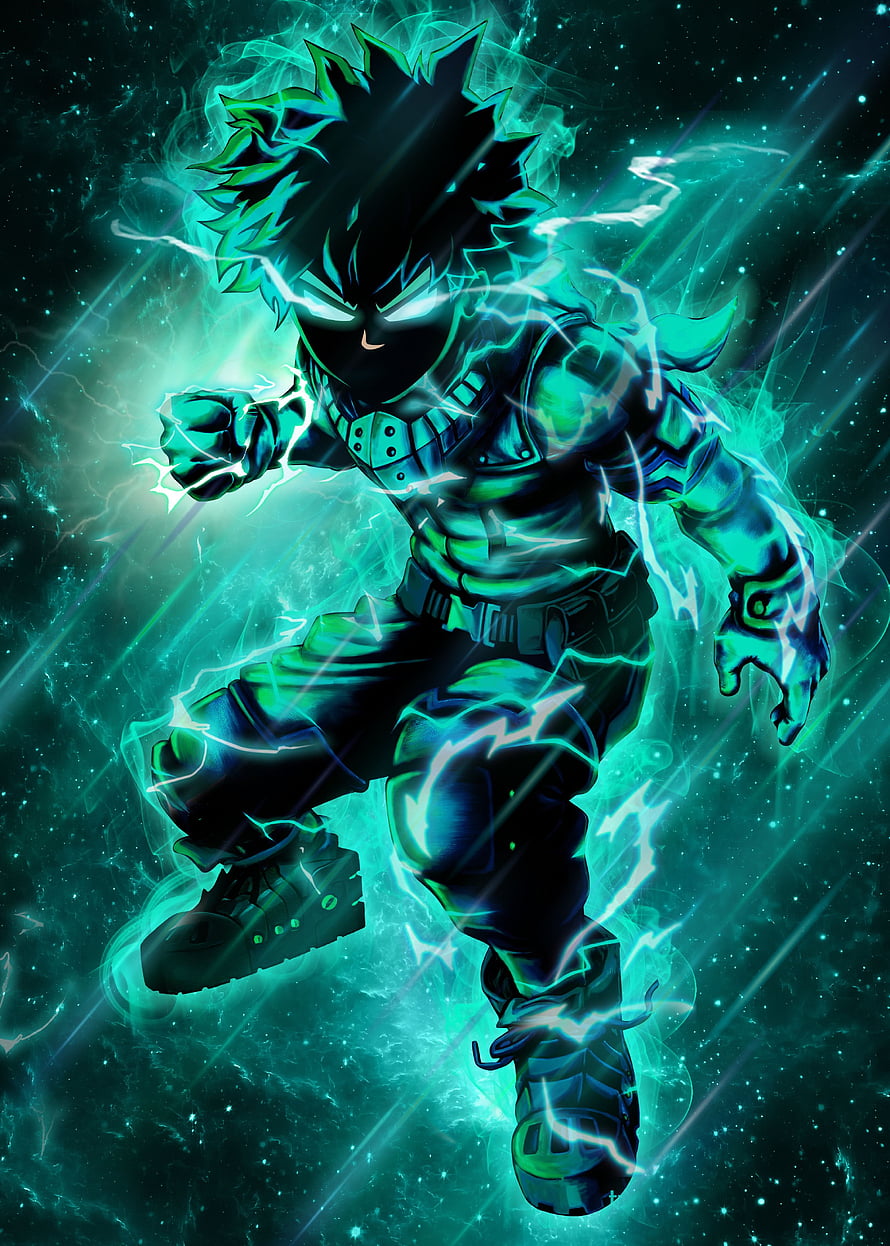 Deku in Dark Form with Green Energy Aura and Lightning Effects HD phone wallpaper