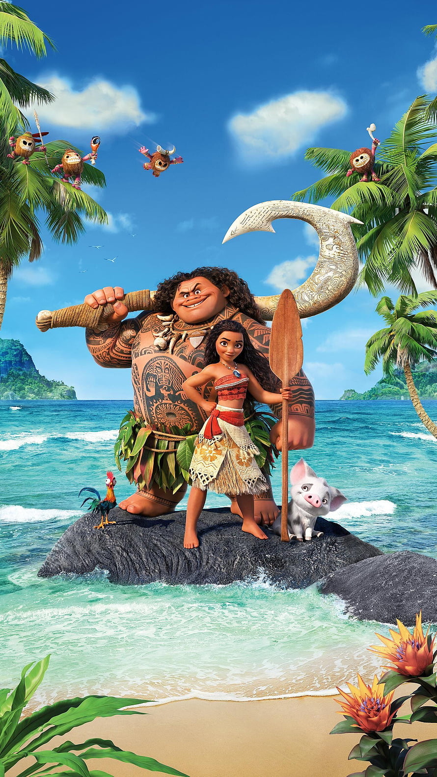 Moana and Maui standing on a tropical island rock with Pua and Heihei in a vibrant ocean scene HD phone wallpaper