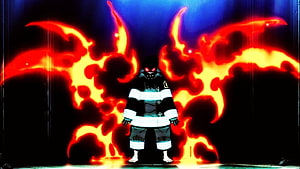 Fire Force Anime Character with Fiery Wings and Red Eyes in Dark Setting HD wallpaper
