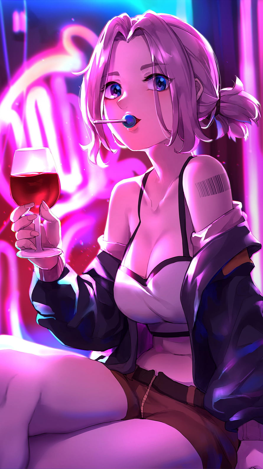 Anime Girl with Wine Glass and Lollipop in Neon Cyberpunk Setting HD phone wallpaper
