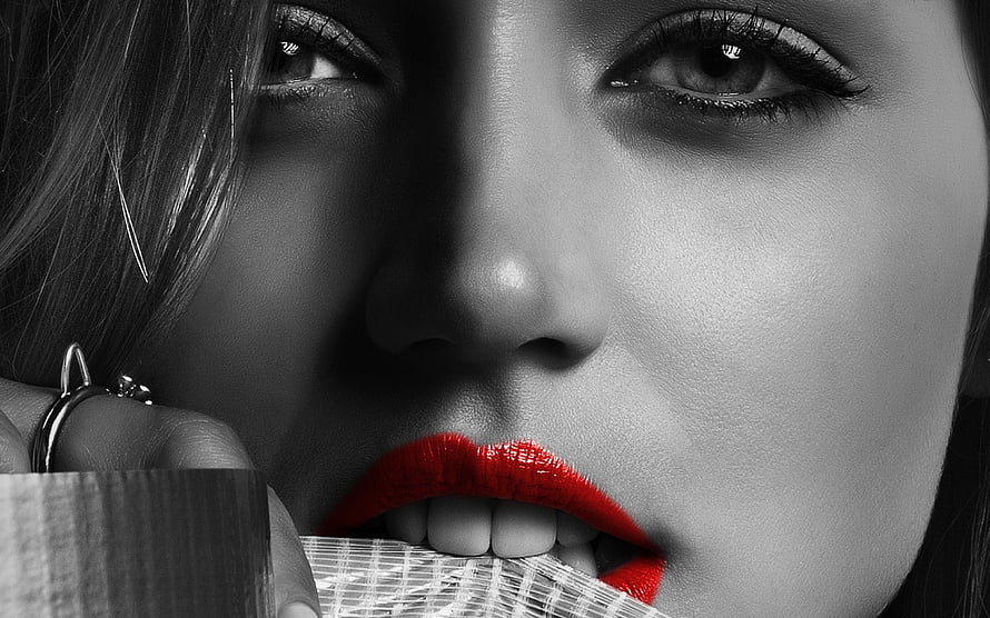 Ana De Armas Black and White Portrait with Red Lips and Cigarette HD wallpaper