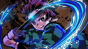 Tanjiro Kamado Wielding Glowing Blue Katana in Dynamic Demon Slayer Anime Artwork HD wallpaper