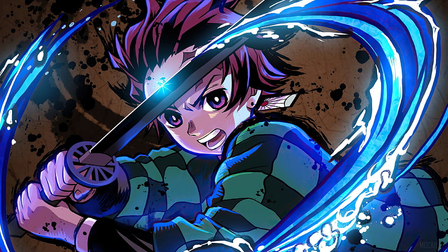 Tanjiro Kamado Wielding Glowing Blue Katana in Dynamic Demon Slayer Anime Artwork HD wallpaper