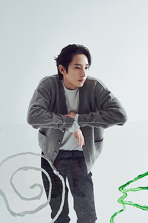 Lee Soo Hyuk in a grey cardigan and white tee posing against a minimalist white studio backdrop HD phone wallpaper