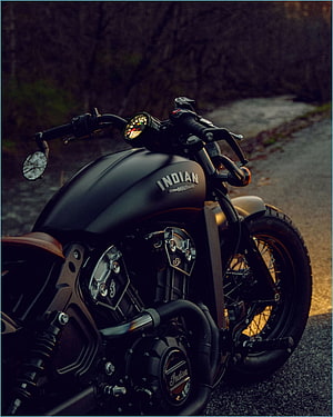 Indian Scout Bobber Matte Black Cruiser Motorcycle on Gravel Road at Dusk HD phone wallpaper
