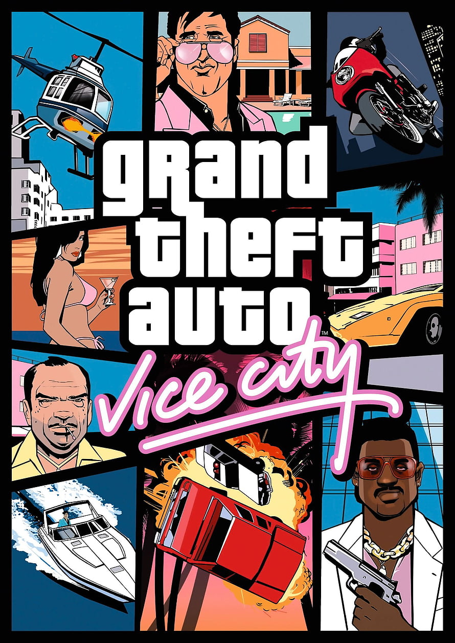 Grand Theft Auto Vice City Comic Style Poster with Characters and Vehicles HD phone wallpaper