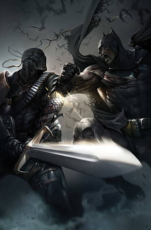 Batman and Deathstroke Clash in Intense Combat with Sword and Fist HD phone wallpaper