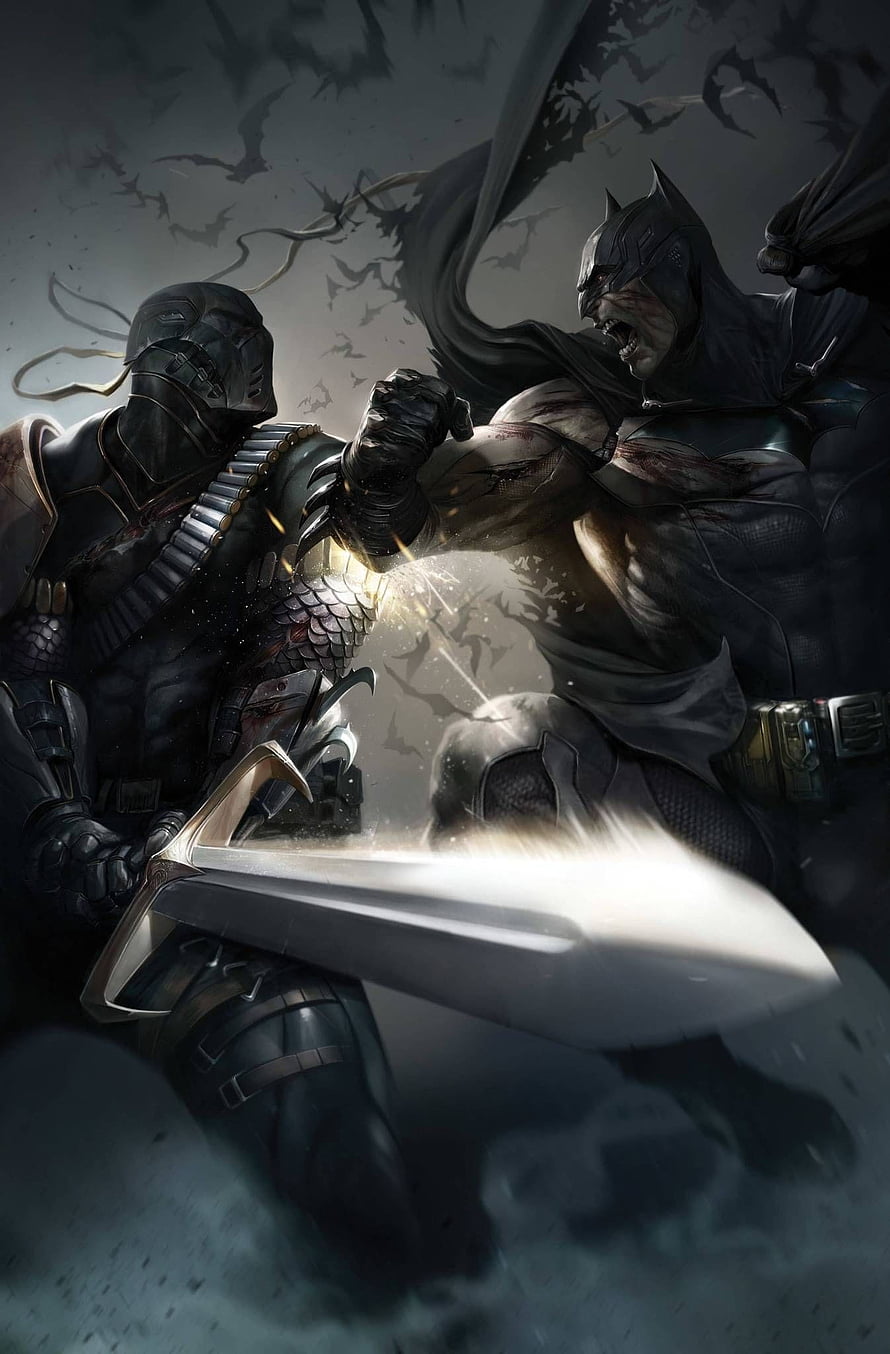 Batman and Deathstroke Clash in Intense Combat with Sword and Fist HD phone wallpaper